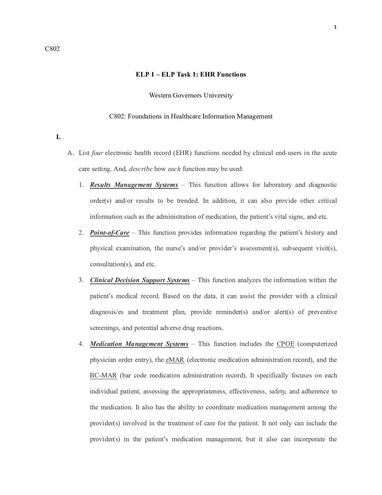 Preview of Task_1_EHR_Functions.docx  C802  ELP 1 â€“ ELP Task 1: EHR Functions  Western Governors Un